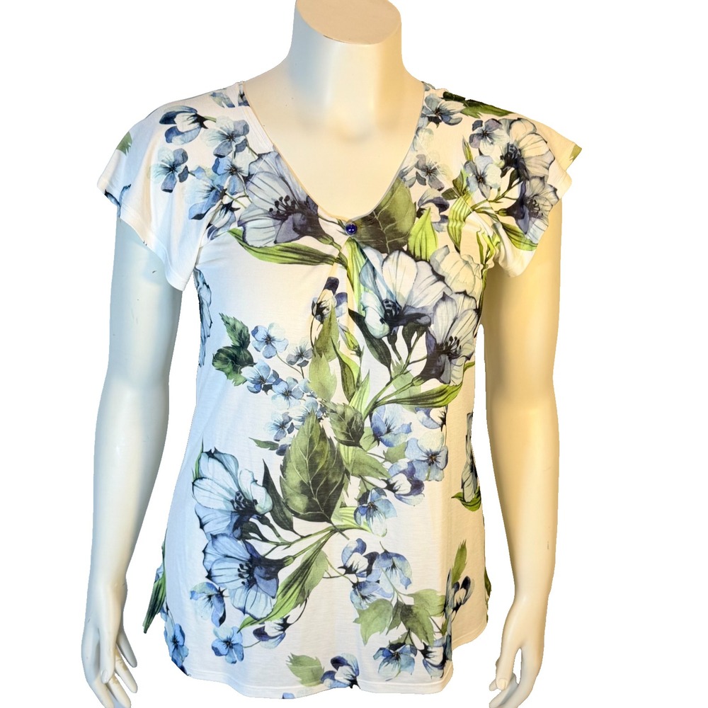 Brittany Black V-Neck Blue Floral Tunic Blouse Women's Size PM Petite M